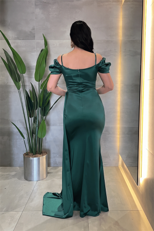 Saten Kumaş Büzgülü Şal Detaylı Abiye Elbise - ZÜMRÜT YEŞİL - 3