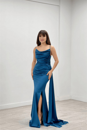 Saten Kumaş Degaje Yaka Abiye Balık Elbise - TURKUAZ - Angelino Moda