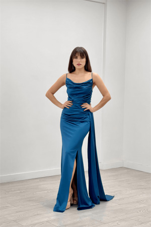 Saten Kumaş Degaje Yaka Abiye Balık Elbise - TURKUAZ - Angelino Moda (1)