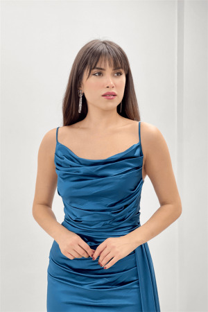 Saten Kumaş Degaje Yaka Abiye Balık Elbise - TURKUAZ - 4