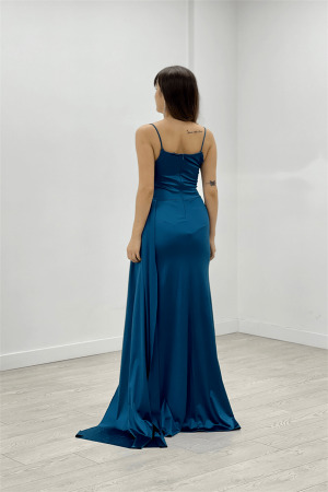 Saten Kumaş Degaje Yaka Abiye Balık Elbise - TURKUAZ - 5