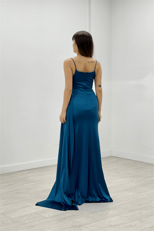 Saten Kumaş Degaje Yaka Abiye Balık Elbise - TURKUAZ - 5