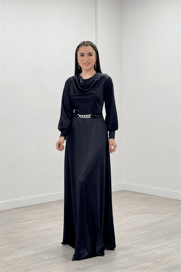 Saten Kumaş Degaje Yaka Abiye Elbise - SİYAH - 1