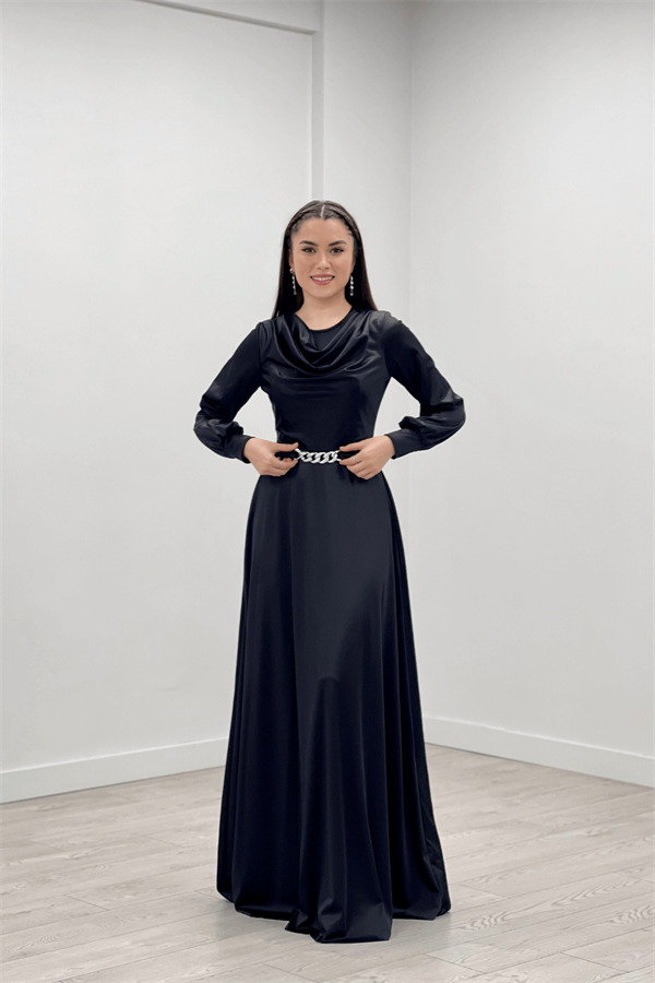 Saten Kumaş Degaje Yaka Abiye Elbise - SİYAH - 2