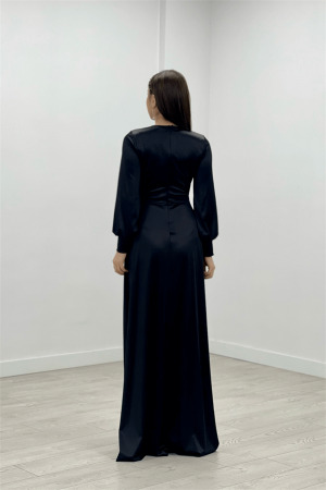 Saten Kumaş Degaje Yaka Abiye Elbise - SİYAH - 5