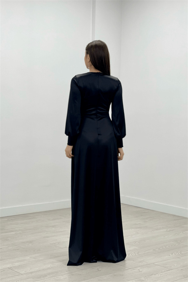 Saten Kumaş Degaje Yaka Abiye Elbise - SİYAH - 5