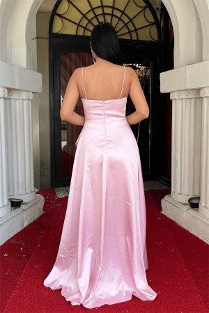Saten Kumaş Degaje Yaka Asimetri Kesim Abiye Elbise - PEMBE - 5