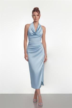 Saten Kumaş Degaje Yaka Elbise - BEBE MAVİSİ - EİPOM