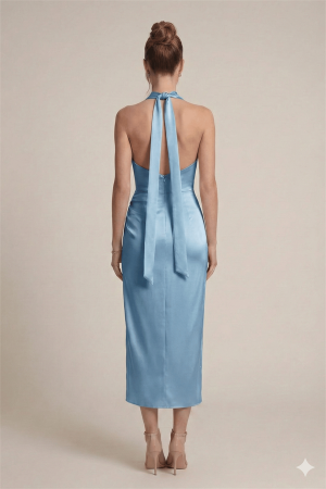 Saten Kumaş Degaje Yaka Elbise - BEBE MAVİSİ - EİPOM (1)
