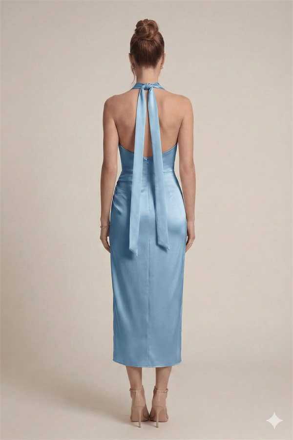 Saten Kumaş Degaje Yaka Elbise - BEBE MAVİSİ - 2
