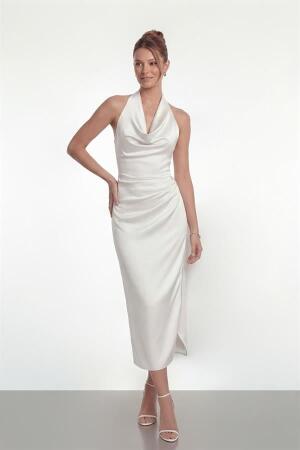 Saten Kumaş Degaje Yaka Elbise - BEYAZ - EİPOM