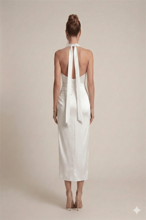 Saten Kumaş Degaje Yaka Elbise - BEYAZ - EİPOM (1)