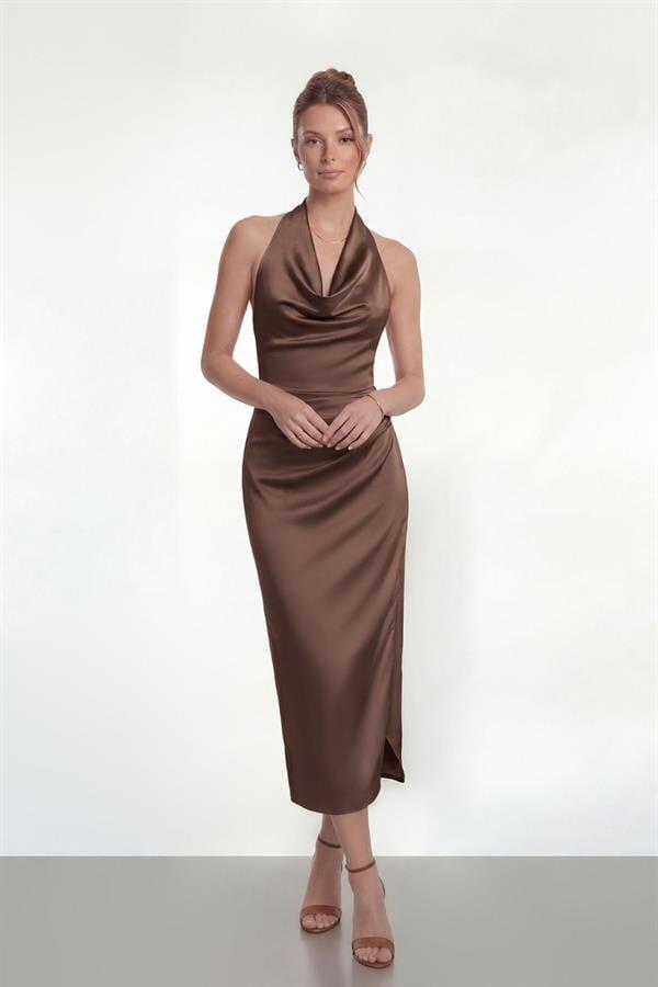 Saten Kumaş Degaje Yaka Elbise - KAHVERENGİ - 1