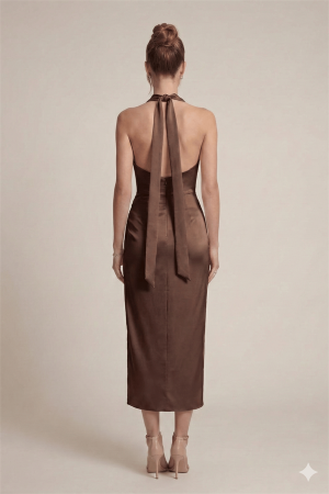 Saten Kumaş Degaje Yaka Elbise - KAHVERENGİ - EİPOM (1)