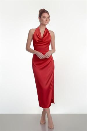 Saten Kumaş Degaje Yaka Elbise - KIRMIZI - EİPOM
