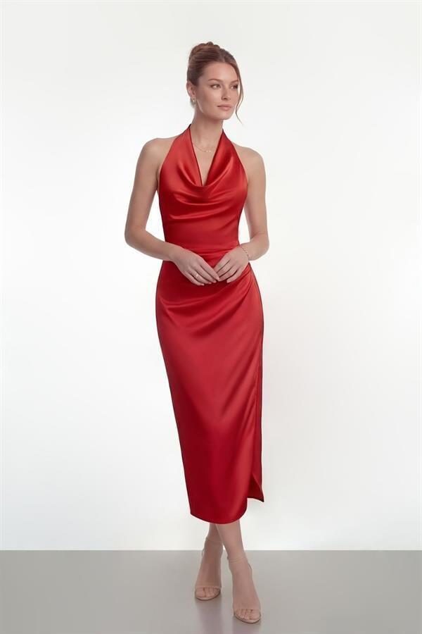 Saten Kumaş Degaje Yaka Elbise - KIRMIZI - 1