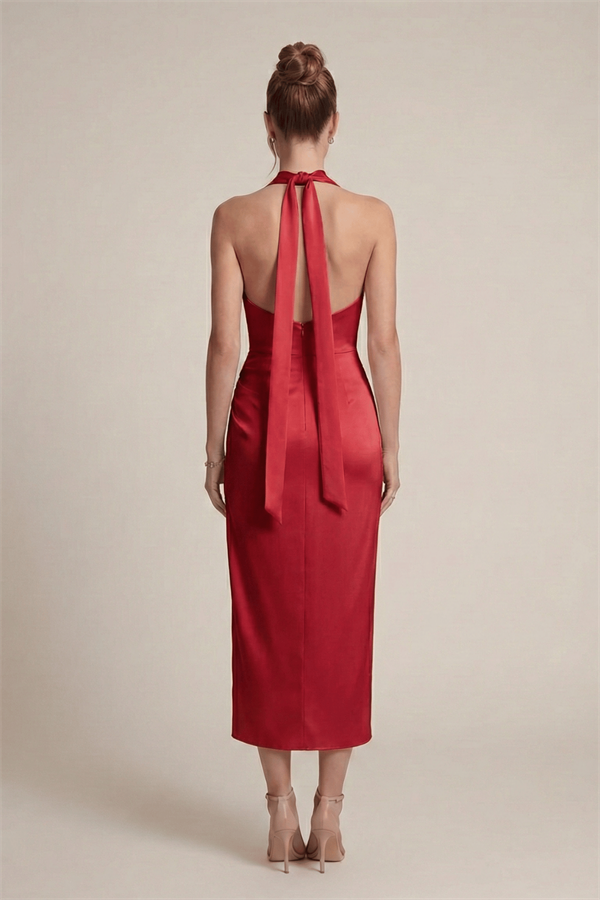 Saten Kumaş Degaje Yaka Elbise - KIRMIZI - 2