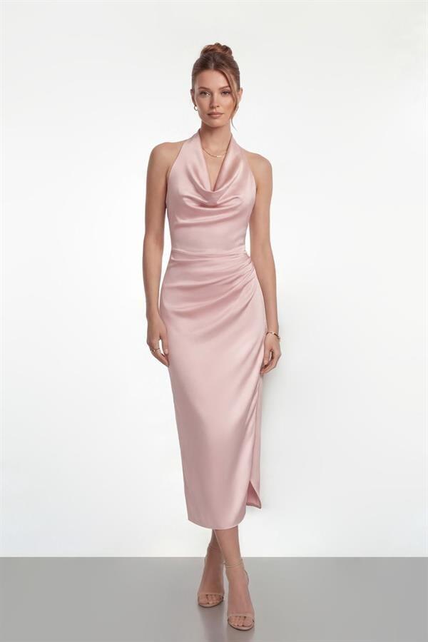 Saten Kumaş Degaje Yaka Elbise - PUDRA - 1