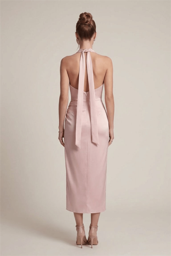 Saten Kumaş Degaje Yaka Elbise - PUDRA - 2