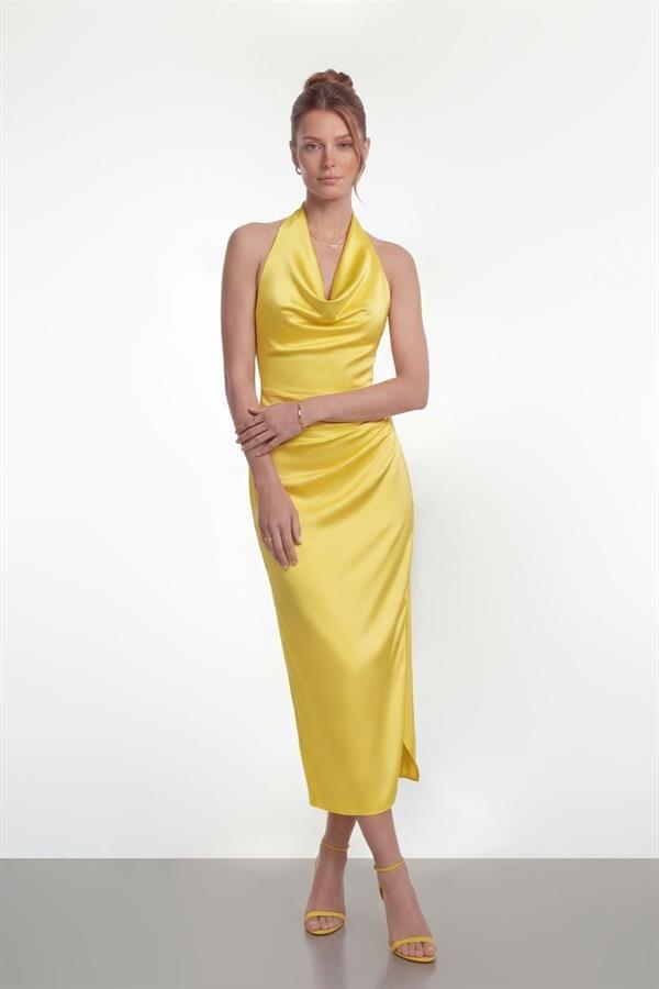Saten Kumaş Degaje Yaka Elbise - SARI - 1