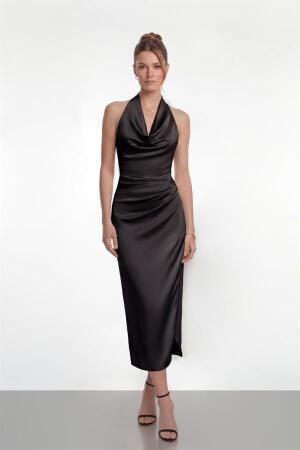 Saten Kumaş Degaje Yaka Elbise - SİYAH - EİPOM