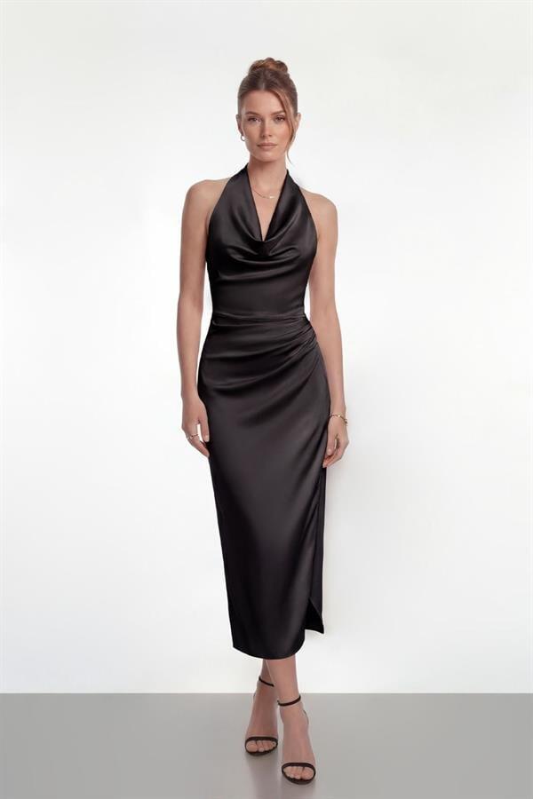 Saten Kumaş Degaje Yaka Elbise - SİYAH - 1