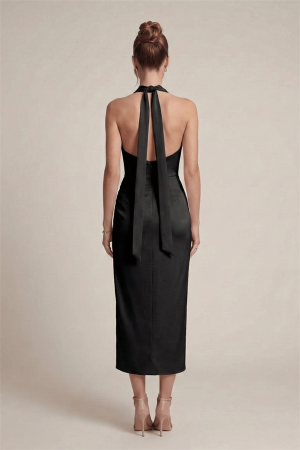 Saten Kumaş Degaje Yaka Elbise - SİYAH - EİPOM (1)