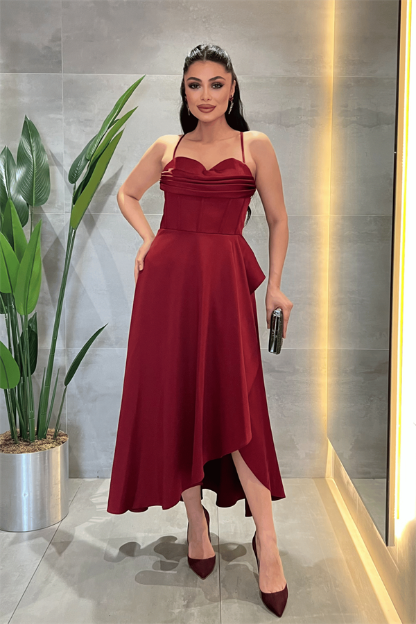 Saten Kumaş Degaje Yaka Midi Elbise - BORDO - 1