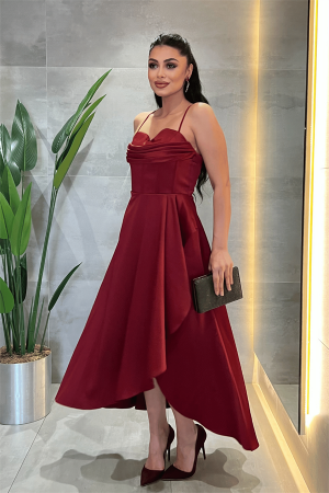 Saten Kumaş Degaje Yaka Midi Elbise - BORDO - 2