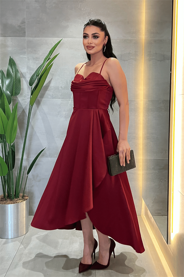 Saten Kumaş Degaje Yaka Midi Elbise - BORDO - 2