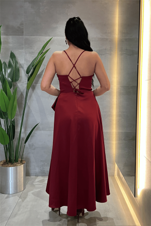 Saten Kumaş Degaje Yaka Midi Elbise - BORDO - 5