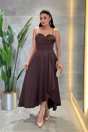 Saten Kumaş Degaje Yaka Midi Elbise - KAHVERENGİ - Angelino Moda