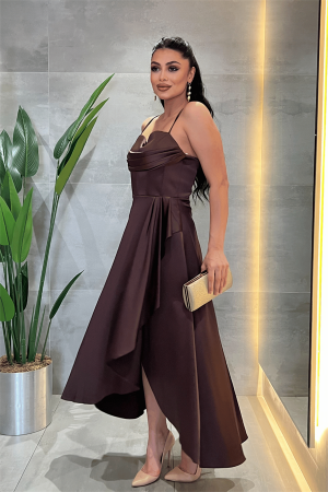 Saten Kumaş Degaje Yaka Midi Elbise - KAHVERENGİ - Angelino Moda (1)
