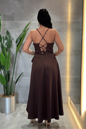 Saten Kumaş Degaje Yaka Midi Elbise - KAHVERENGİ - 5