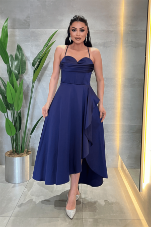 Saten Kumaş Degaje Yaka Midi Elbise - LACİVERT - Angelino Moda