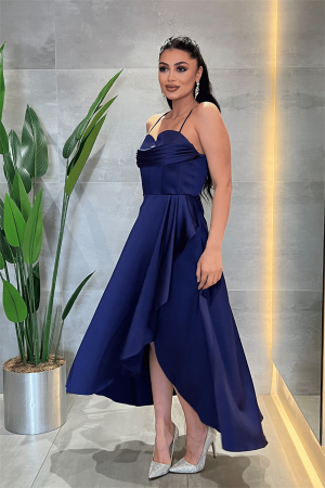 Saten Kumaş Degaje Yaka Midi Elbise - LACİVERT - Angelino Moda (1)