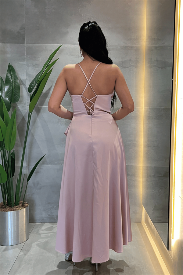 Saten Kumaş Degaje Yaka Midi Elbise - PUDRA - 5