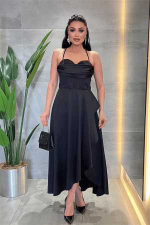 Saten Kumaş Degaje Yaka Midi Elbise - SİYAH - Angelino Moda