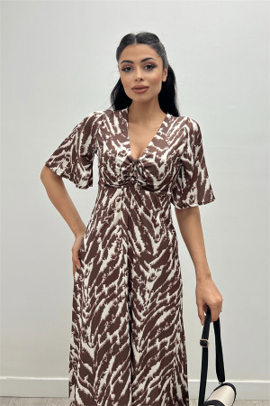 Saten Kumaş Göğsü Büzgü Detaylı Elbise - KAHVERENGİ - Angelino Moda (1)