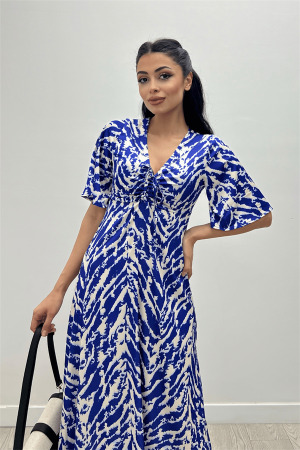 Saten Kumaş Göğsü Büzgü Detaylı Elbise - SAKS MAVİ - Angelino Moda