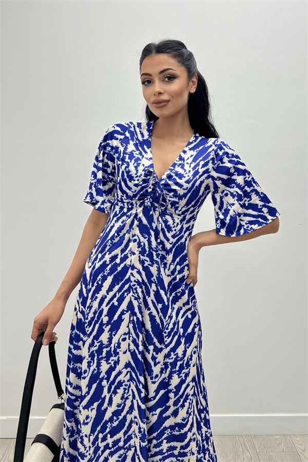 Saten Kumaş Göğsü Büzgü Detaylı Elbise - SAKS MAVİ - 1