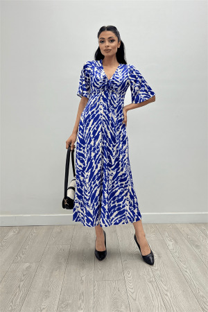 Saten Kumaş Göğsü Büzgü Detaylı Elbise - SAKS MAVİ - Angelino Moda (1)