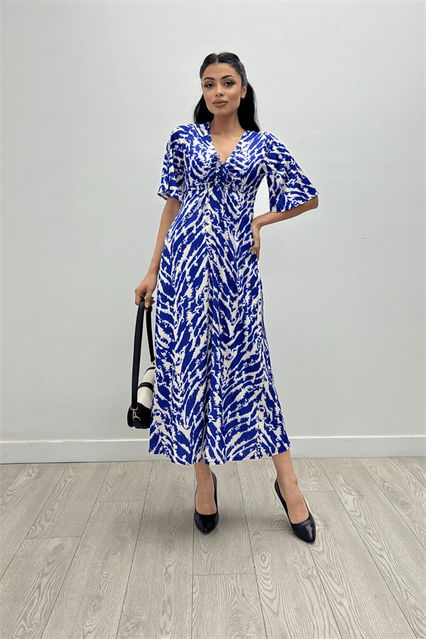 Saten Kumaş Göğsü Büzgü Detaylı Elbise - SAKS MAVİ - 2