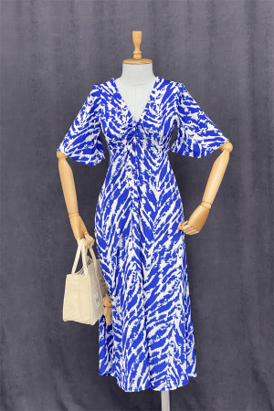 Saten Kumaş Göğsü Büzgü Detaylı Elbise - SAKS MAVİ - 4