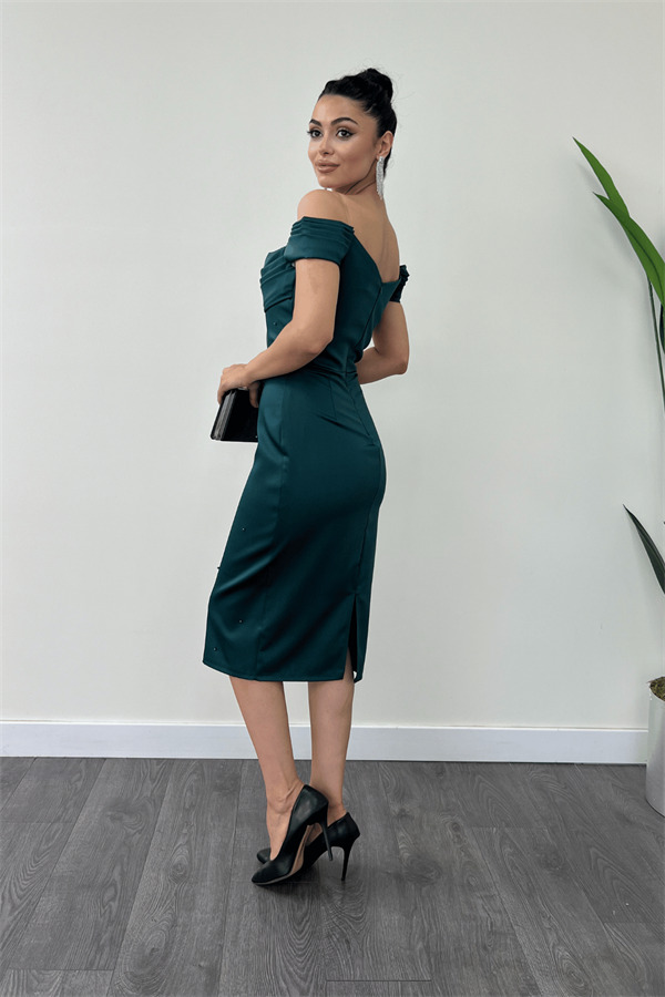 Saten Kumaş İnci Detaylı Kalem Elbise - ZÜMRÜT YEŞİL - 5