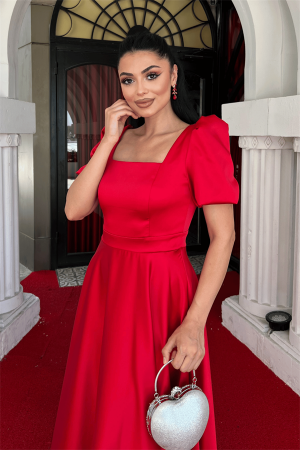 Saten Kumaş Kare Yaka Balon Kol Midi Elbise - KIRMIZI - 4
