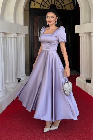 Saten Kumaş Kare Yaka Balon Kol Midi Elbise - LİLA - Angelino Moda (1)