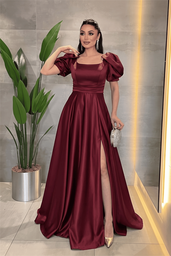 Saten Kumaş Kare Yaka Volan Detaylı Abiye Elbise - BORDO - 1