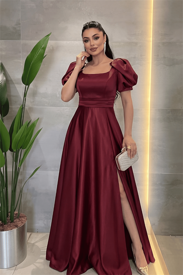 Saten Kumaş Kare Yaka Volan Detaylı Abiye Elbise - BORDO - 2