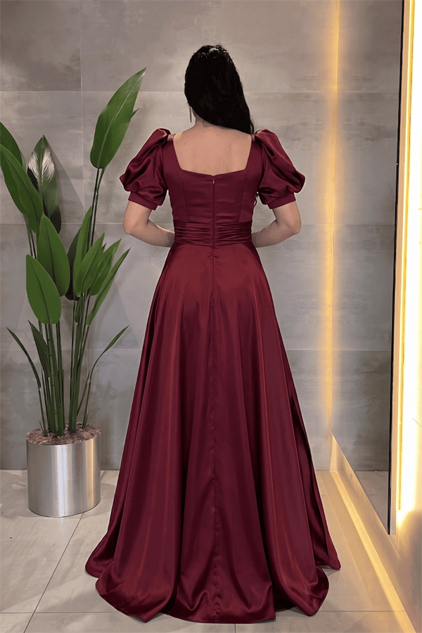 Saten Kumaş Kare Yaka Volan Detaylı Abiye Elbise - BORDO - 3